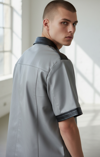 Men’s Real Leather Short Sleeves Police Uniform Shirt BLUF Shirt Contrast Trims