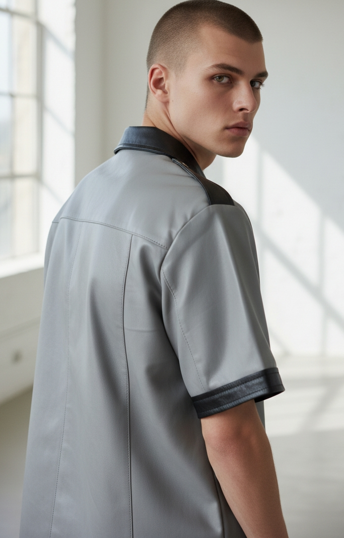 Men’s Real Leather Short Sleeves Police Uniform Shirt BLUF Shirt Contrast Trims