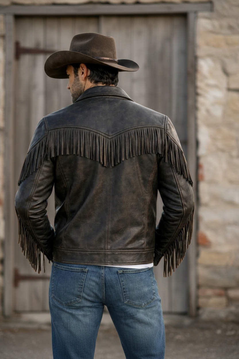 Men's Real Vintage Cowhide Leather Bikers Jacket Fringes At Front ,Sleeves & Back