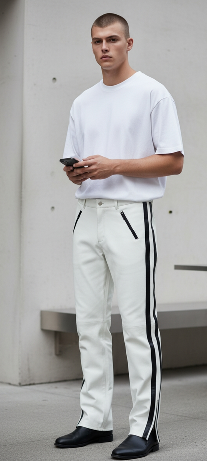 Men's Real Leather Bikers Pants With Side Stripes & Piping: