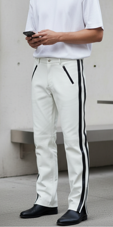 Men's Real Leather Bikers Pants With Side Stripes & Piping: