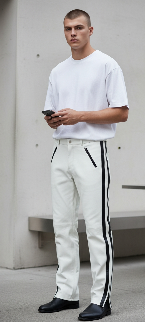 Men's Real Leather Bikers Pants With Side Stripes & Piping: