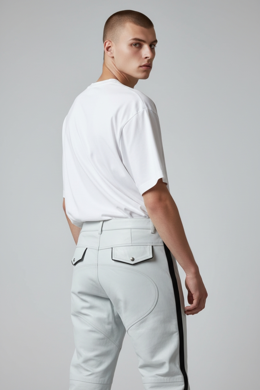 Men's Real Leather Bikers Pants With Side Stripes & Piping: