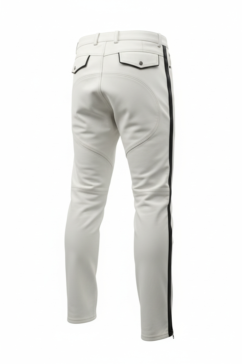 Men's Real Leather Bikers Pants With Side Stripes & Piping: