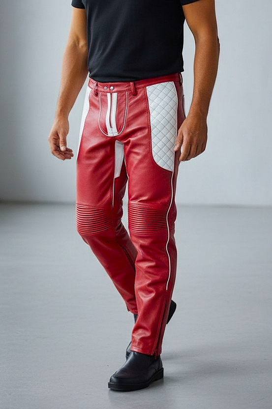 Men's Real Leather Quilted Panels BLUF Pants Slim Fit Contrast Panels Pants: