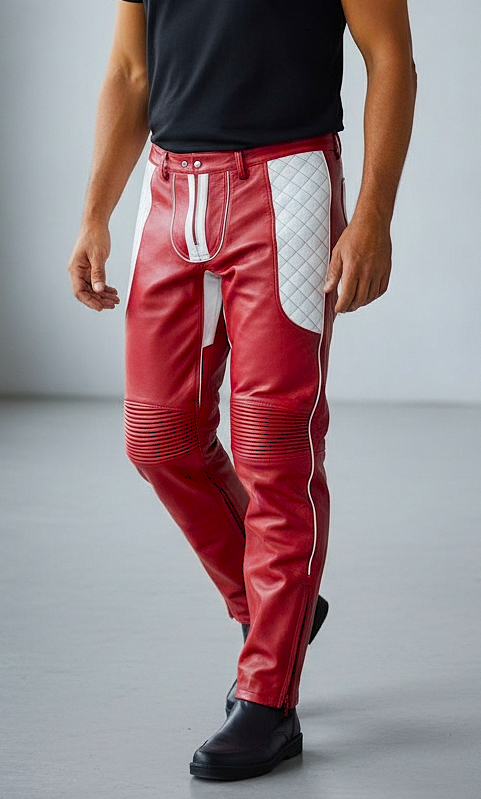 Men's Real Leather Quilted Panels BLUF Pants Slim Fit Contrast Panels Pants: