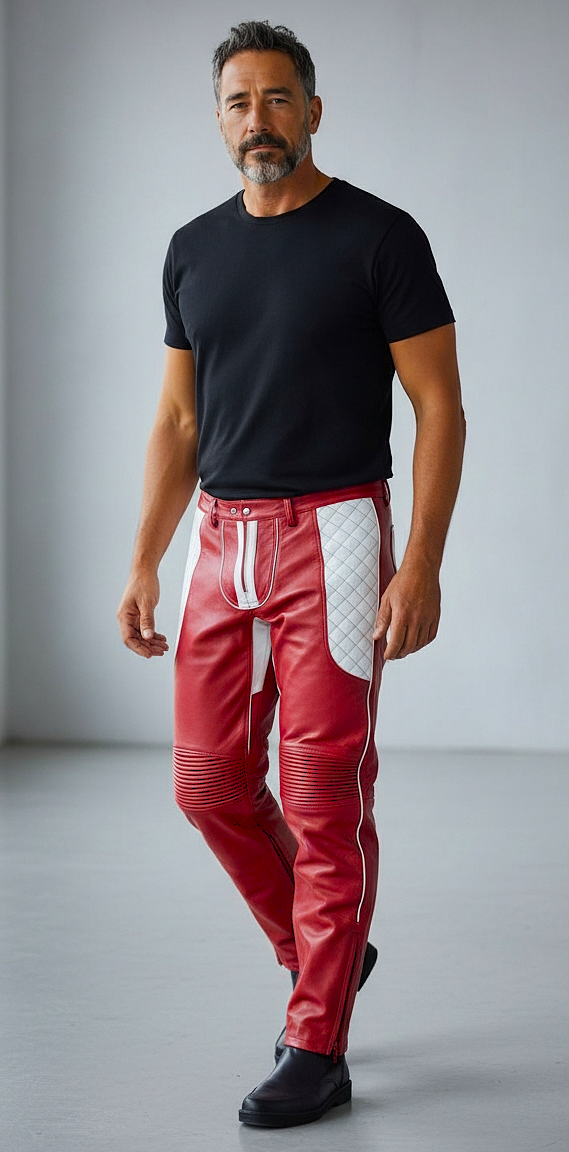 Men's Real Leather Quilted Panels BLUF Pants Slim Fit Contrast Panels Pants:
