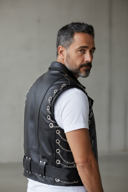 Men's Real Leather Bikers Vest Brando Vest With Metal Chains Bikers Leather Vest