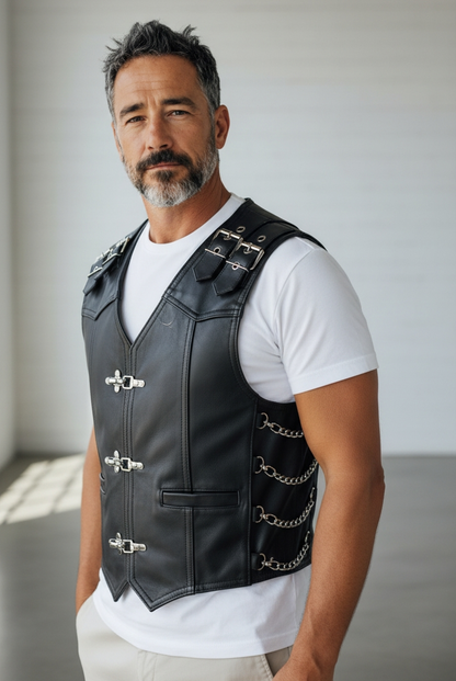 Men’s Genuine Leather Bikers Vest Chained Choppers Vest Steampunk Vest Goth Vest