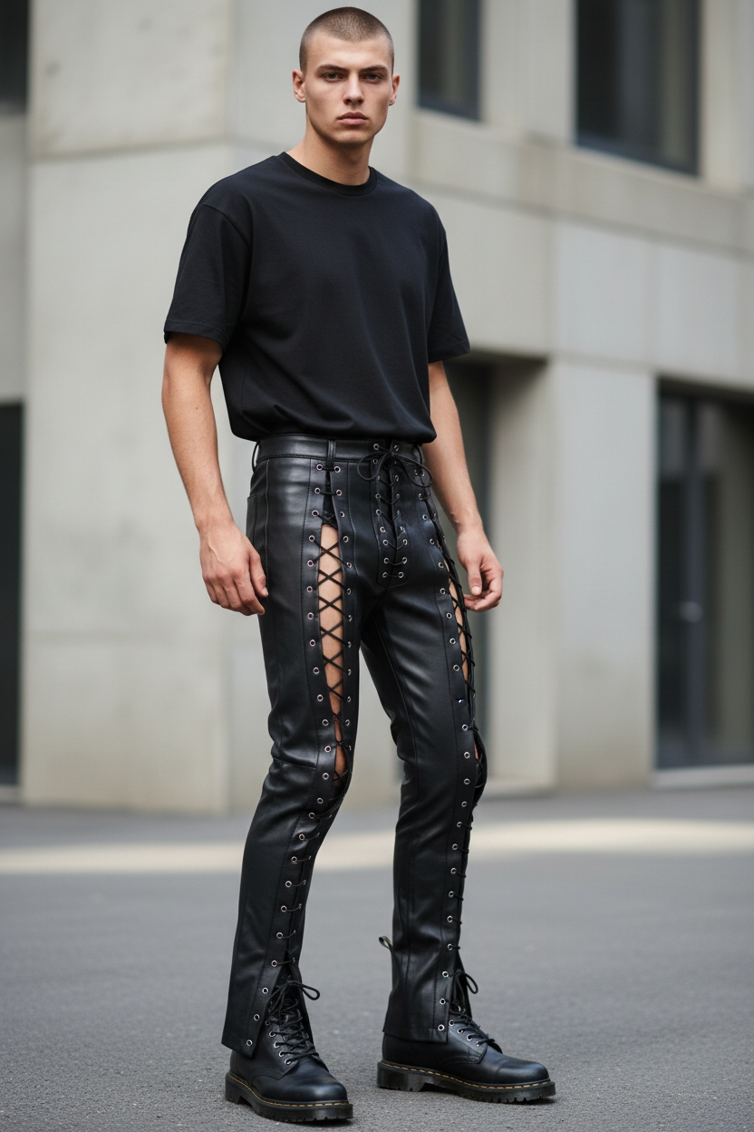Men’s Real Cow Leather Slim Fit Laces Up Front Panels Pants: