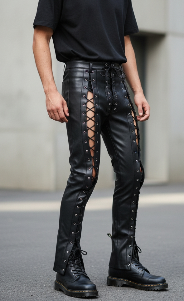 Men’s Real Cow Leather Slim Fit Laces Up Front Panels Pants: