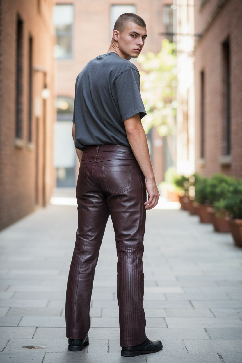 Men’s Real Cow Leather Slim Fit Full Length Zipped Front Panels Pants: