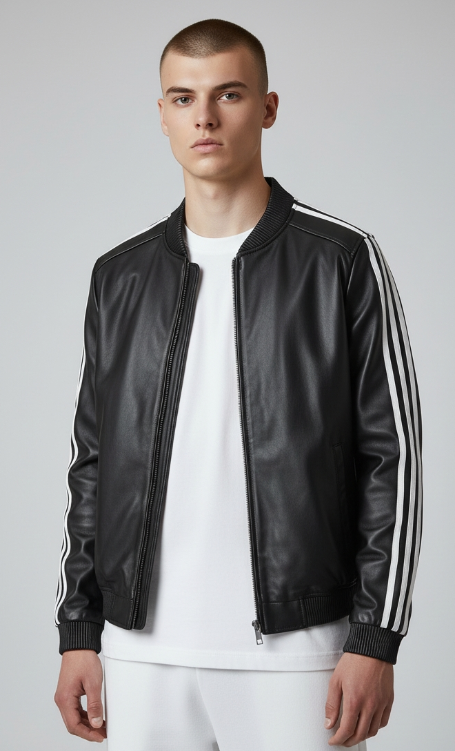 Men's Real Lamb Leather Bomber Jacket Stretchable Collar ,Cuffs & Waist & White Leather Stripes: