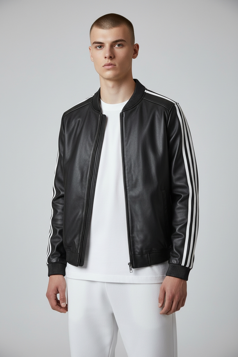 Men's Real Lamb Leather Bomber Jacket Stretchable Collar ,Cuffs & Waist & White Leather Stripes:
