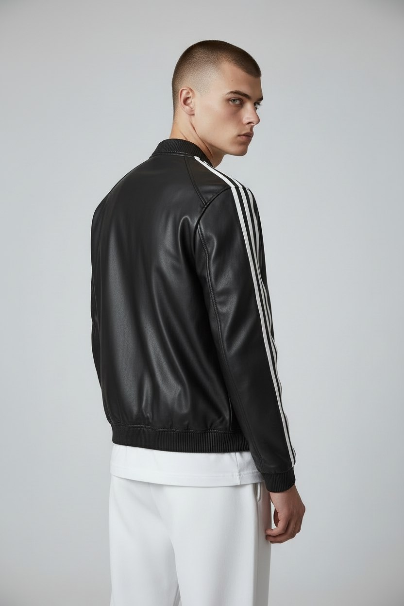 Men's Real Lamb Leather Bomber Jacket Stretchable Collar ,Cuffs & Waist & White Leather Stripes: