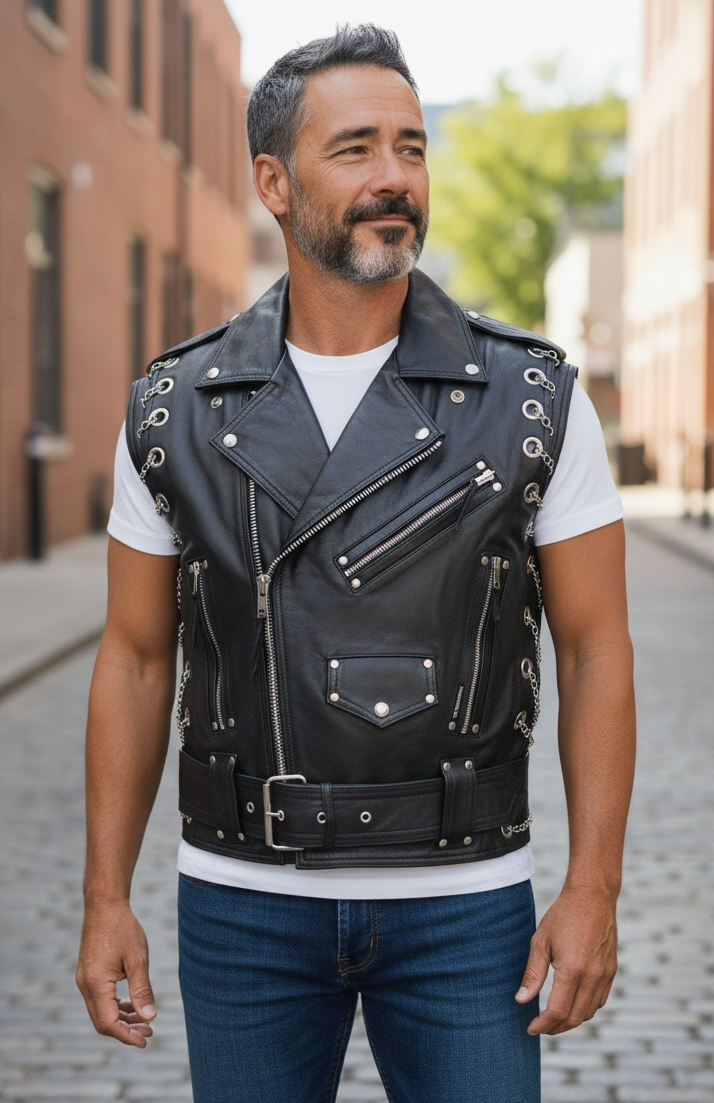 Men's Real Leather Bikers Vest Brando Vest With Metal Chains Bikers Leather Vest