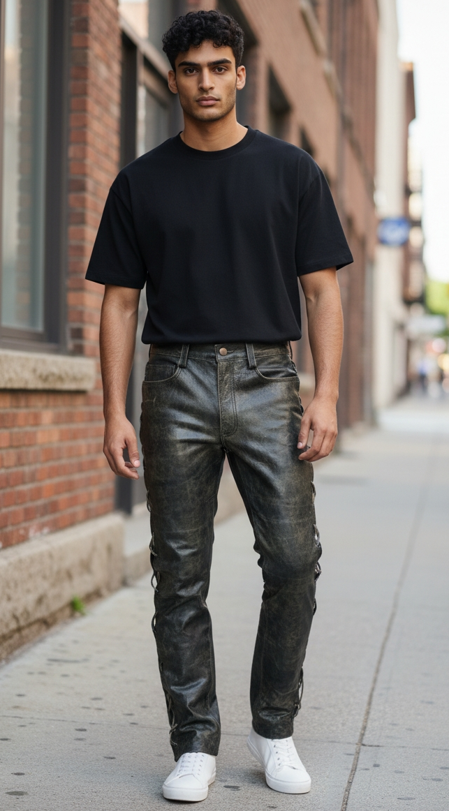 Men's Real Cowhide Distressed Leather Bikers Laces Up Pants 5 Pockets Pants