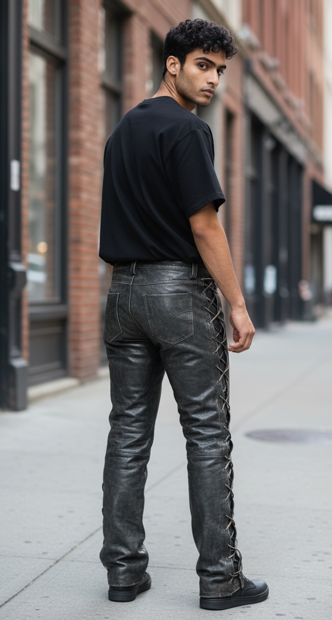 Men's Real Cowhide Distressed Leather Bikers Laces Up Pants 5 Pockets Pants