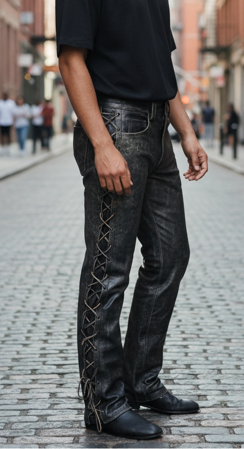 Men's Real Cowhide Distressed Leather Bikers Laces Up Pants 5 Pockets Pants