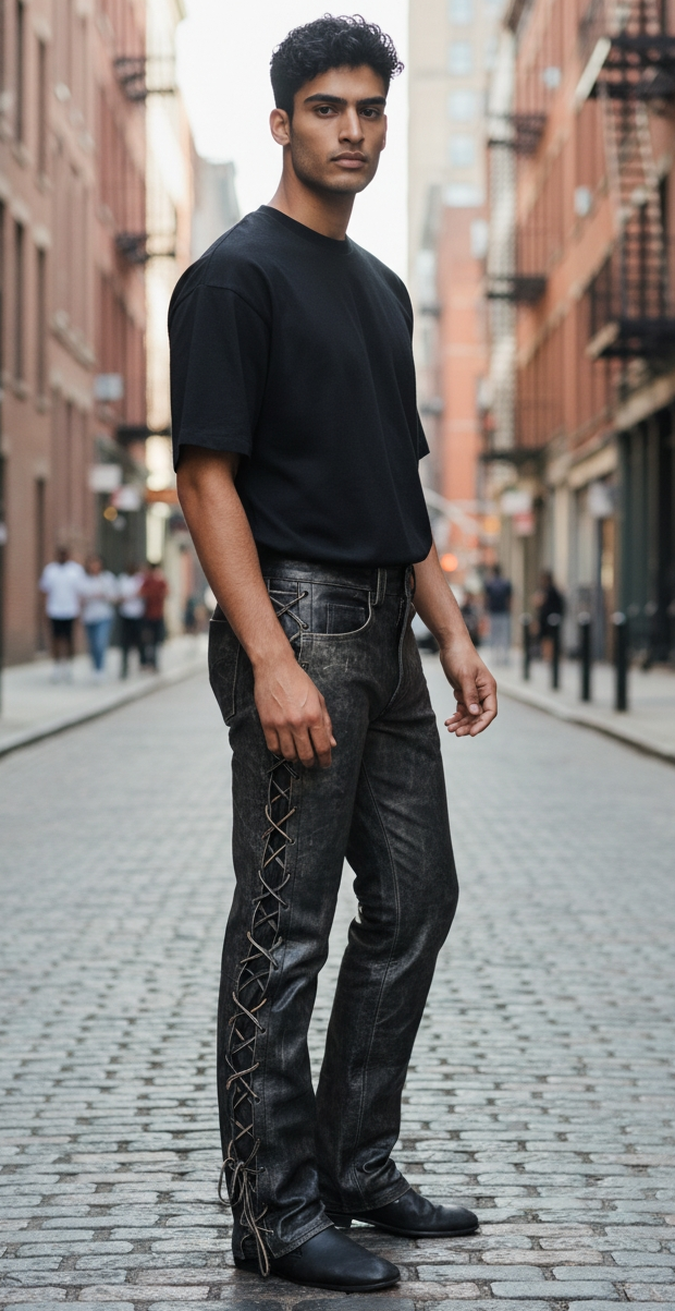 Men's Real Cowhide Distressed Leather Bikers Laces Up Pants 5 Pockets Pants