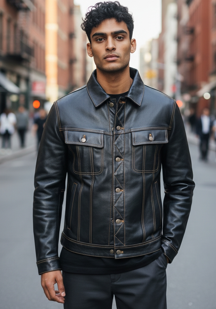 Men's Real Cow Leather Trucker Jacket Contrast Thread Levi's Style Bikers Jacket