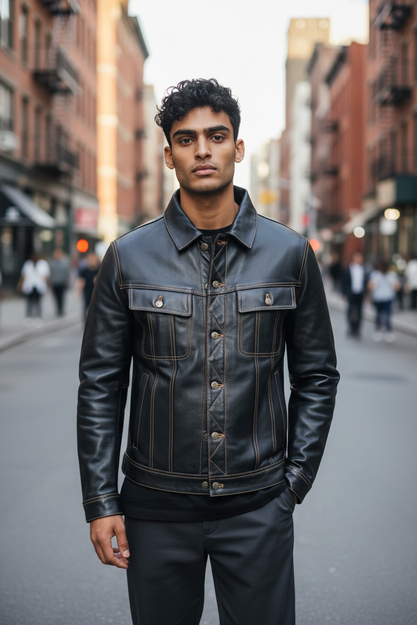 Men's Real Cow Leather Trucker Jacket Contrast Thread Levi's Style Bikers Jacket