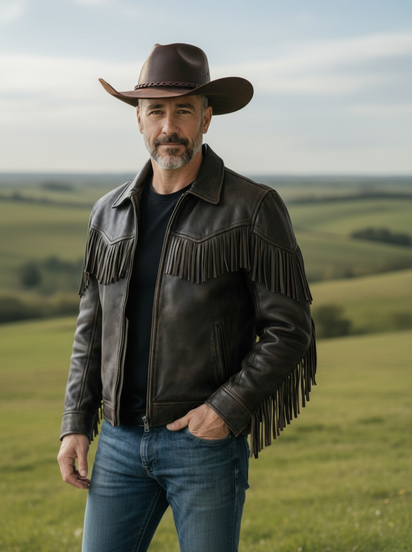 Men's Real Vintage Cowhide Leather Bikers Jacket Fringes At Front ,Sleeves & Back