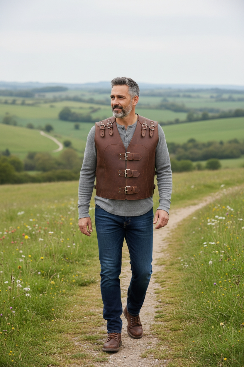 Men's Genuine Thick Vintage Leather Bikers Vest Choppers Leather Vest Steampunk Vest