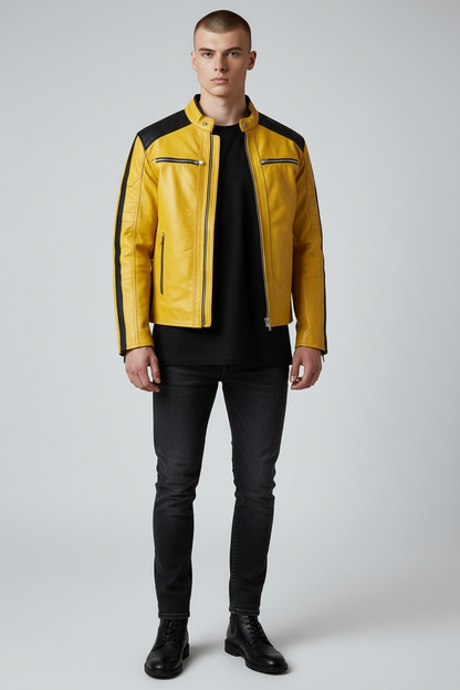 REAL NATURAL GRAIN LEATHER BIKERS JACKET QUILTED &  CONTRAST PANELS   JACKET: