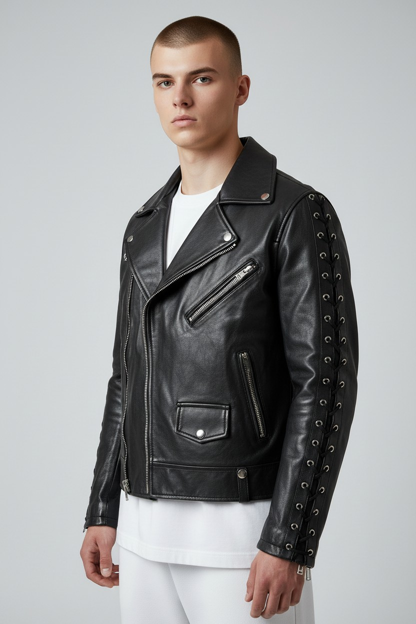 Men’s Real Leather Bikers Jacket Cowhide Leather Laced Up Sleeves Bikers Jacket