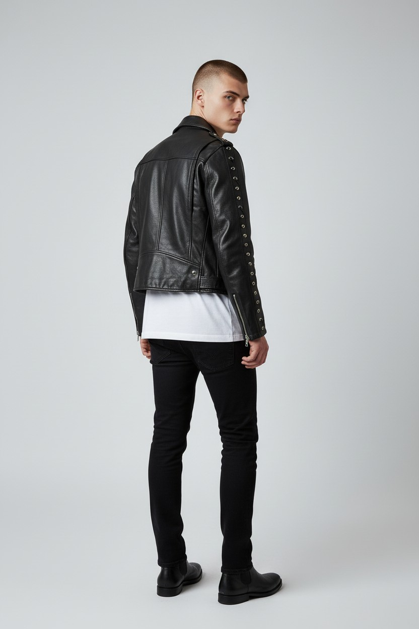 Men’s Real Leather Bikers Jacket Cowhide Leather Laced Up Sleeves Bikers Jacket
