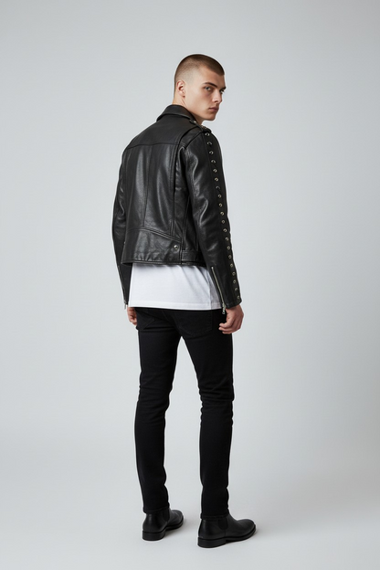 Men’s Real Leather Bikers Jacket Cowhide Leather Laced Up Sleeves Bikers Jacket