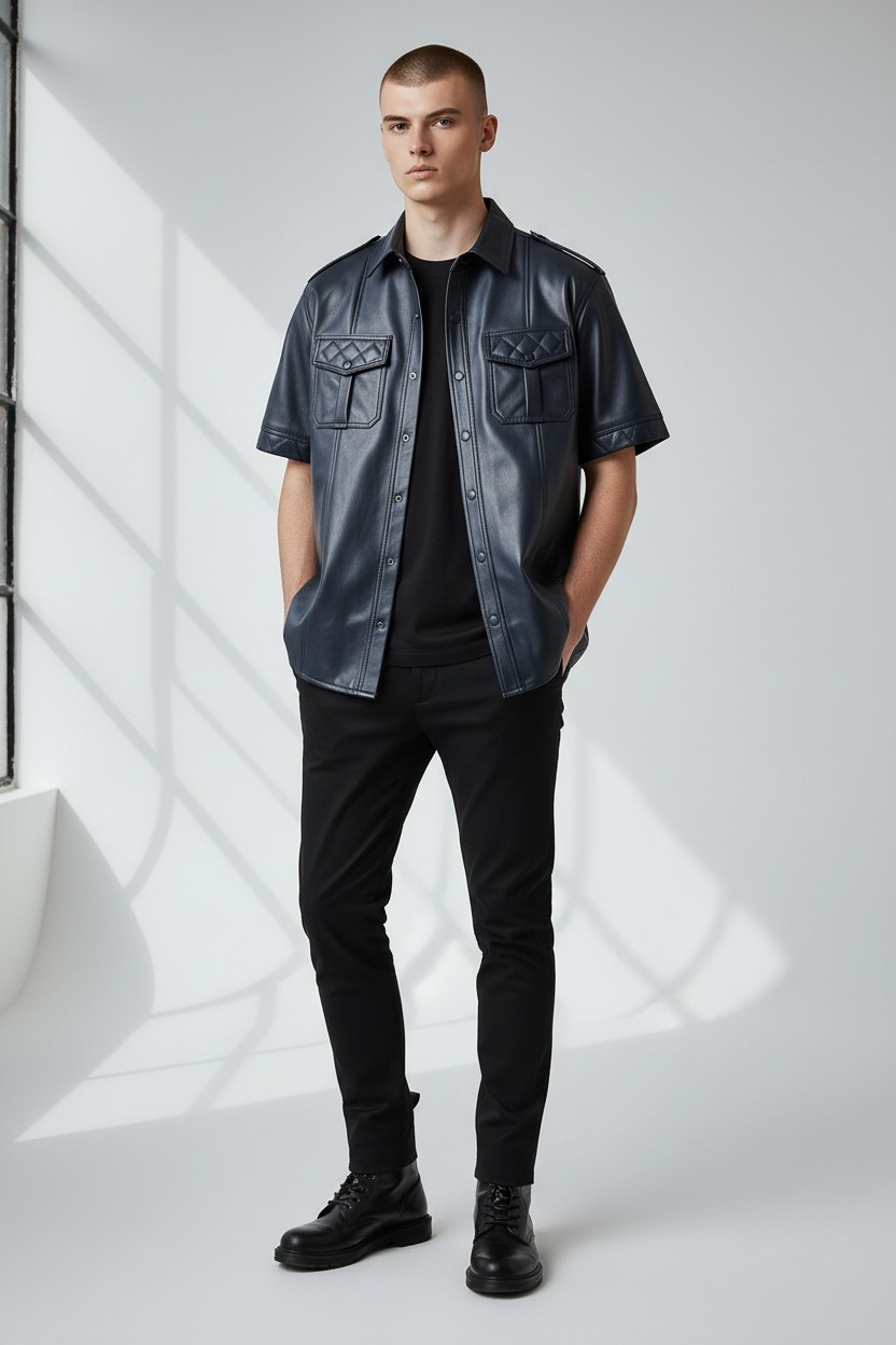 Men's Real Lamb Leather Police Shirt Quilted Panels Gay Leather Shirt