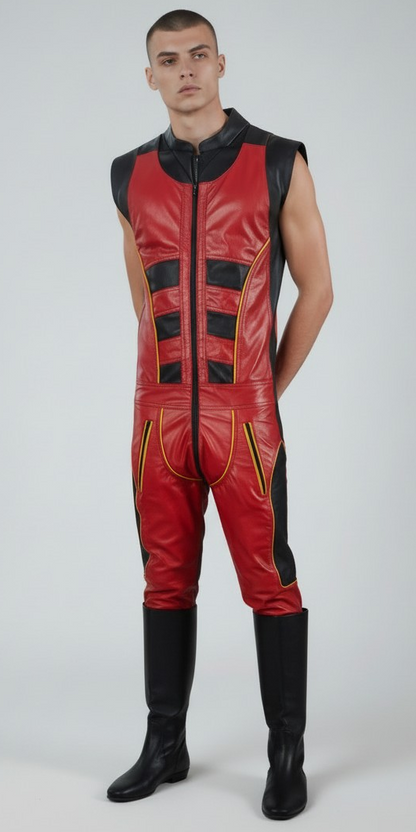Men's Real Leather  Sleeveless  Jumpsuit  With Quilted Panels Jumpsuit