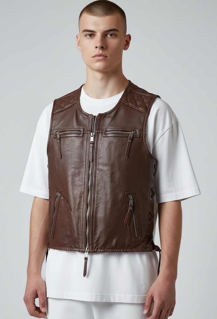 MEN'S REAL COWHIDE LEATHER BIKERS VEST WITH QUILTED PANELS & SIDE LACES VEST