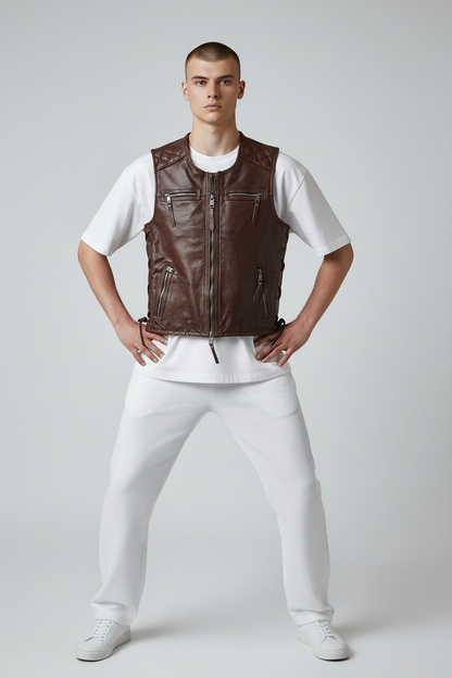 MEN'S REAL COWHIDE LEATHER BIKERS VEST WITH QUILTED PANELS & SIDE LACES VEST