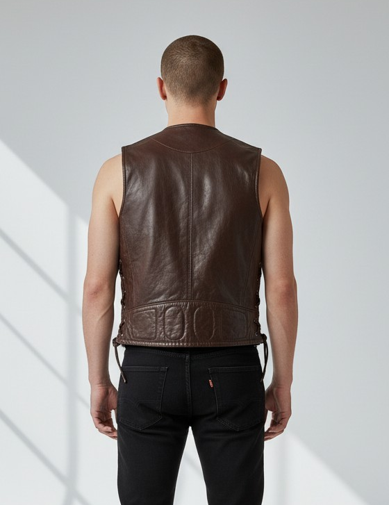 MEN'S REAL COWHIDE LEATHER BIKERS VEST WITH QUILTED PANELS & SIDE LACES VEST