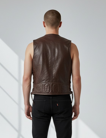 MEN'S REAL COWHIDE LEATHER BIKERS VEST WITH QUILTED PANELS & SIDE LACES VEST