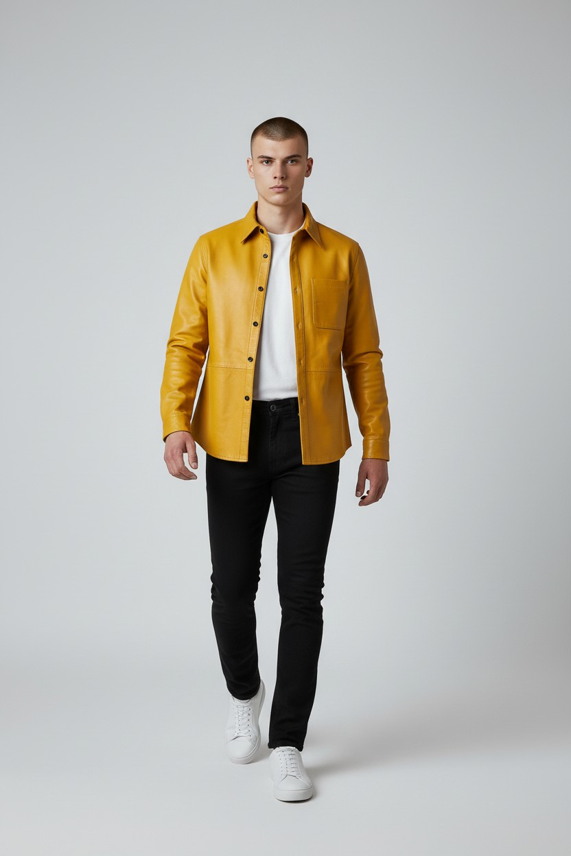 Men's Real Leather Full Sleeves Shirt Chest Pockets Yellow Leather Shirt