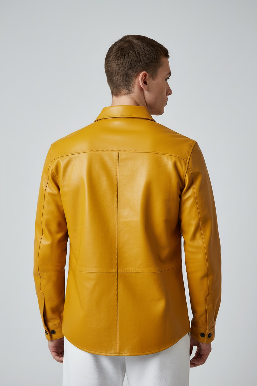 Men's Real Leather Full Sleeves Shirt Chest Pockets Yellow Leather Shirt