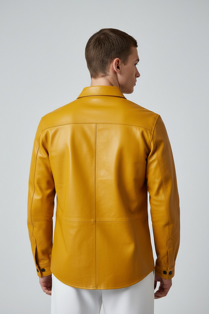 Men's Real Leather Full Sleeves Shirt Chest Pockets Yellow Leather Shirt