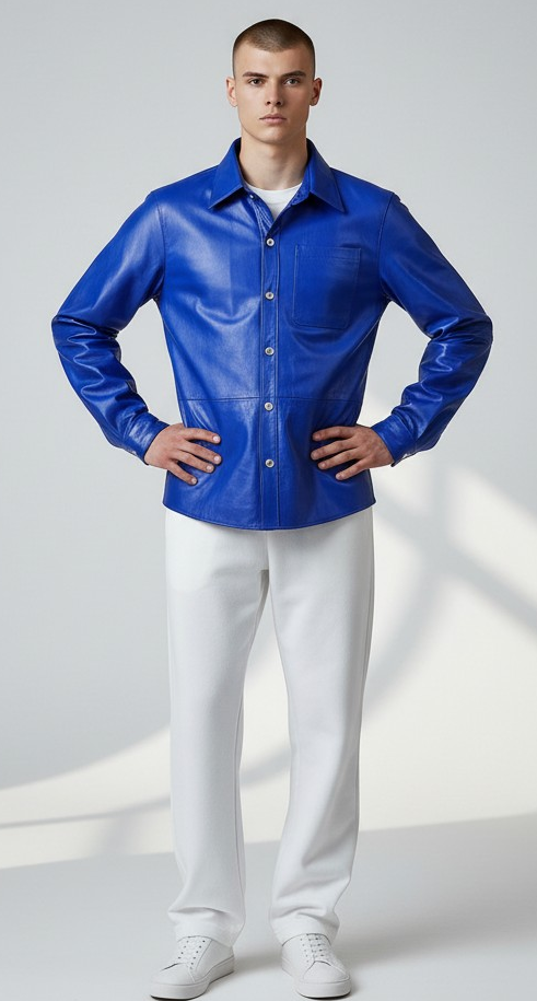 Men's Real Leather Full Sleeves Shirt Chest Pockets Blue Leather Shirt