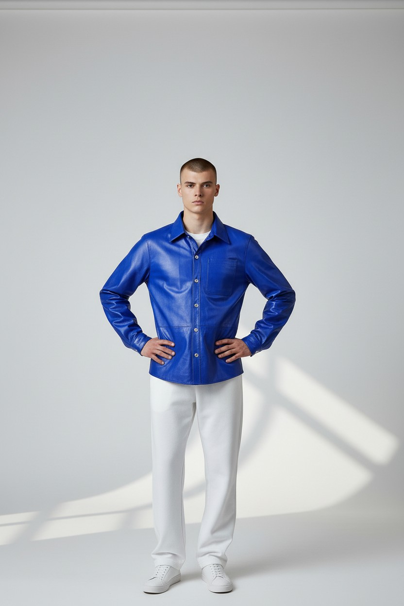 Men's Real Leather Full Sleeves Shirt Chest Pockets Blue Leather Shirt