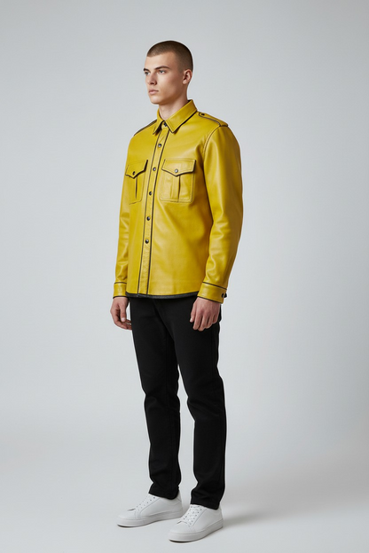 Men’s Real Lamb Leather Yellow Police Uniform Long Sleeves Shirt with Black Piping