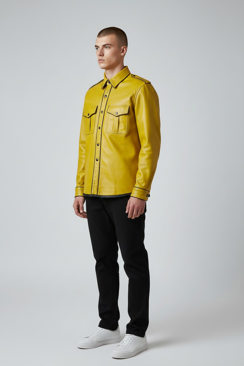 Men’s Real Lamb Leather Yellow Police Uniform Long Sleeves Shirt with Black Piping