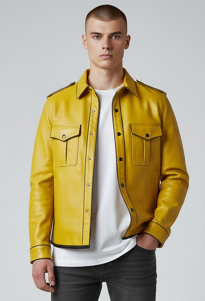 Men’s Real Lamb Leather Yellow Police Uniform Long Sleeves Shirt with Black Piping