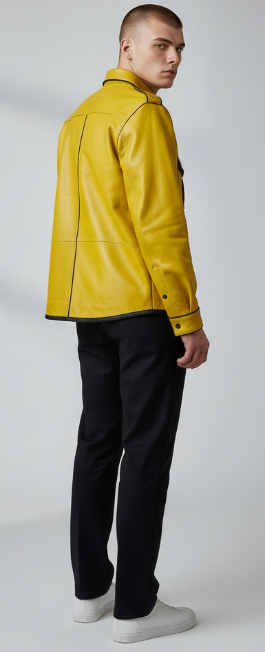 Men’s Real Lamb Leather Yellow Police Uniform Long Sleeves Shirt with Black Piping