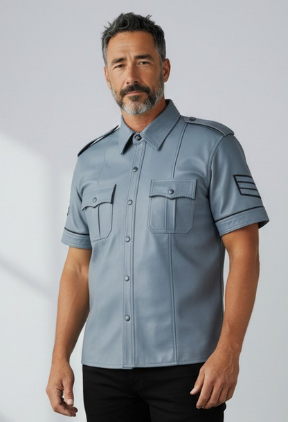 Men’s Real Leather Police Uniform Leather Shirt Grey Color Short Sleeve Shirt With Black Piping