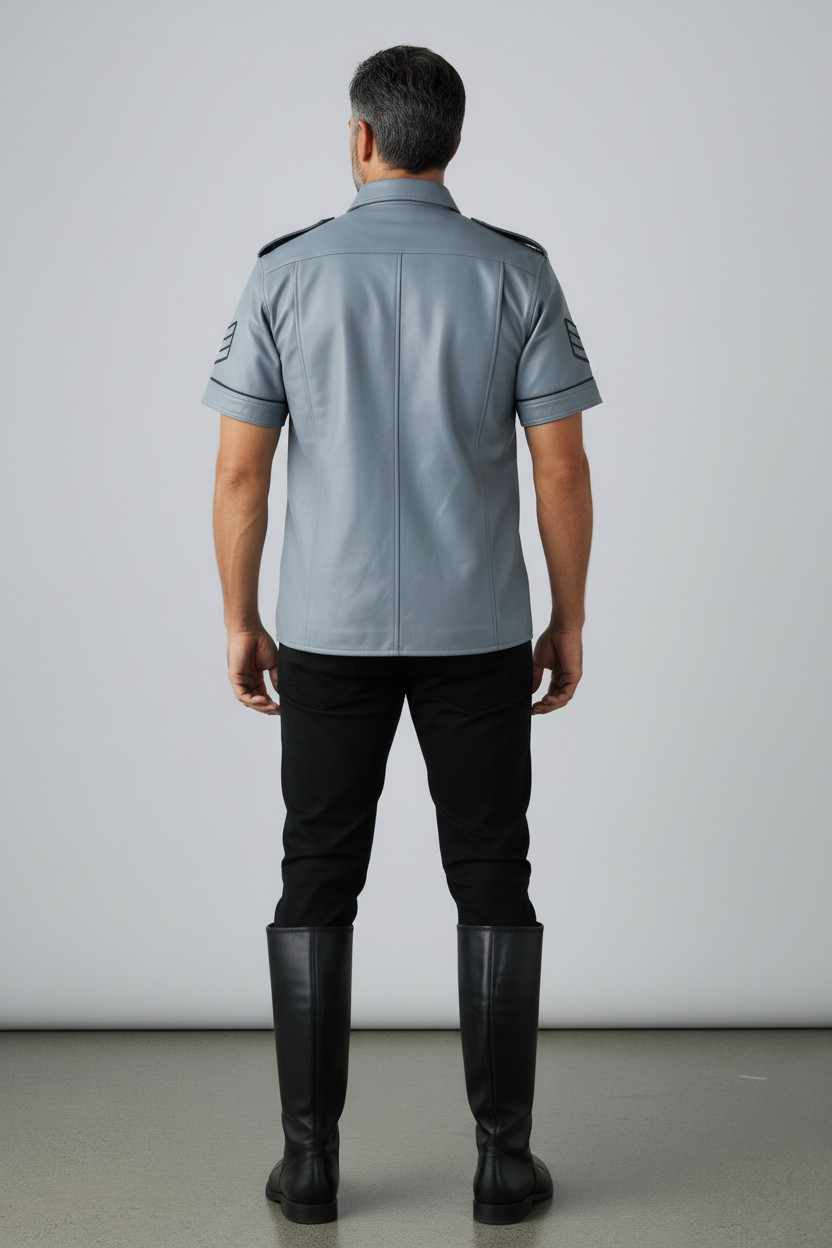 Men’s Real Leather Police Uniform Leather Shirt Grey Color Short Sleeve Shirt With Black Piping