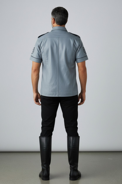 Men’s Real Leather Police Uniform Leather Shirt Grey Color Short Sleeve Shirt With Black Piping